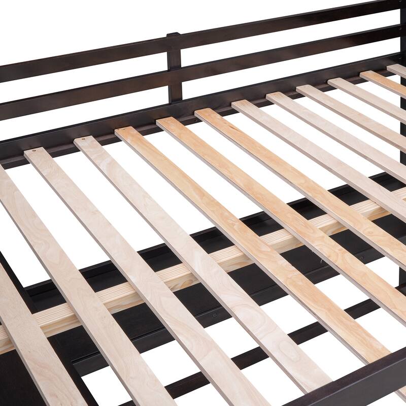 Full Size Loft Bed with Drawers and Writing Desk, Wooden Storage Bed with Shelves, Safety Guardrails and Ladder