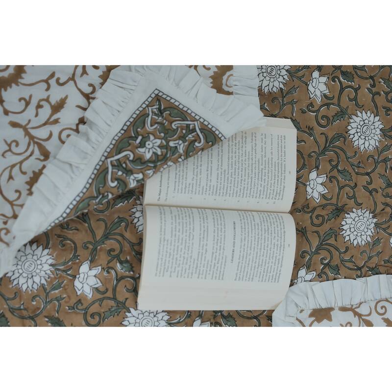 Fabdivine Luxury Hand Block Print Cotton Quilt Floral Boho Bedding for Bedroom & Sofa, Mustard, Handmade Reversible Bedspread