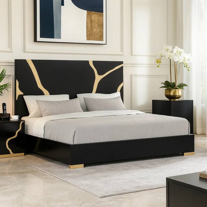 Goldie King Size Bed, Gold and Black Contemporary Bed, Solid Wood
