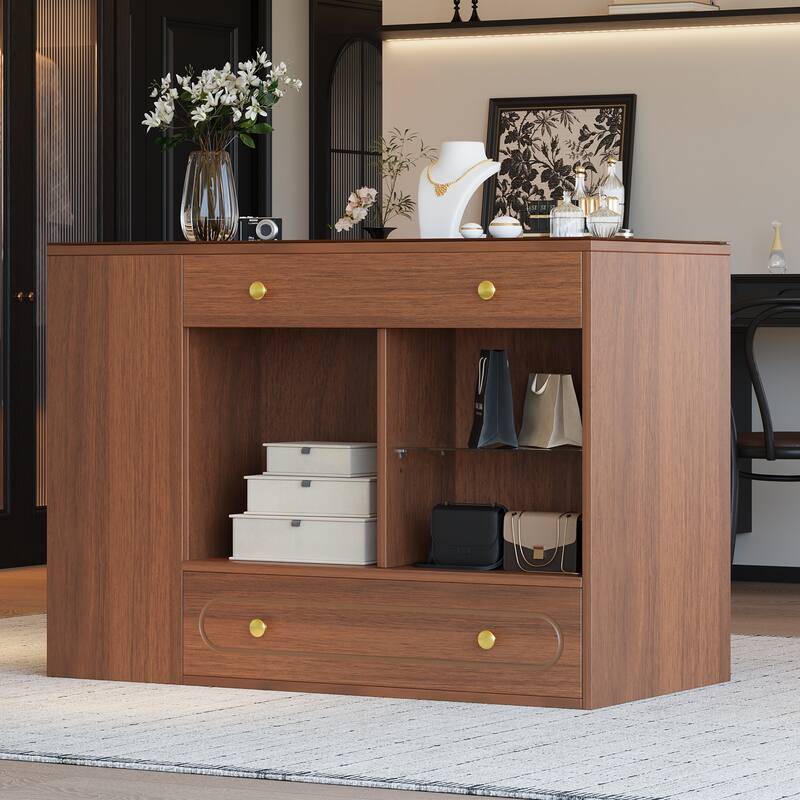 Closet Island with 6 Drawers & Glass Top - Wardrobe Armoire with Open Shelves, Jewelry Storage Vanity for Walk-In Closets