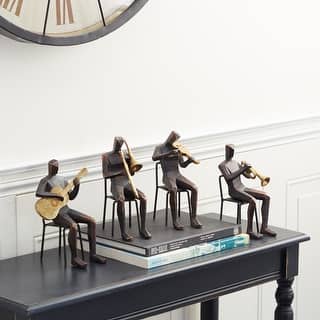 Brown Polystone Musician Decorative Sculpture with Gold Instruments (Set of 4)