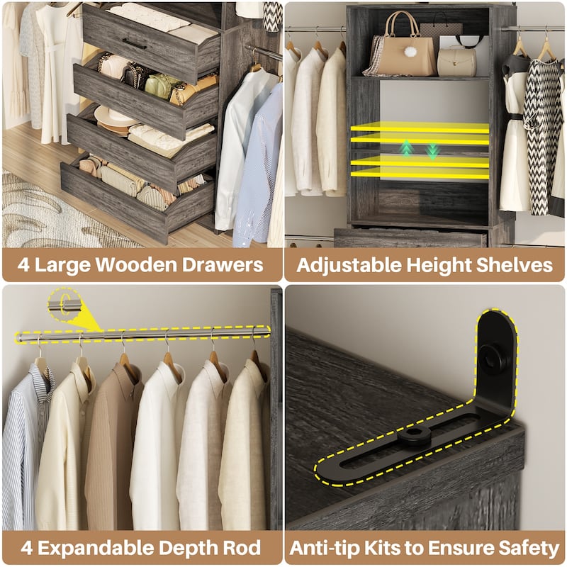Modular Closet System Wardrobe Organizer 4 Adjustable Hanging Rods + 4 Wooden Drawers, Space-Saving for 4-9Ft Closets