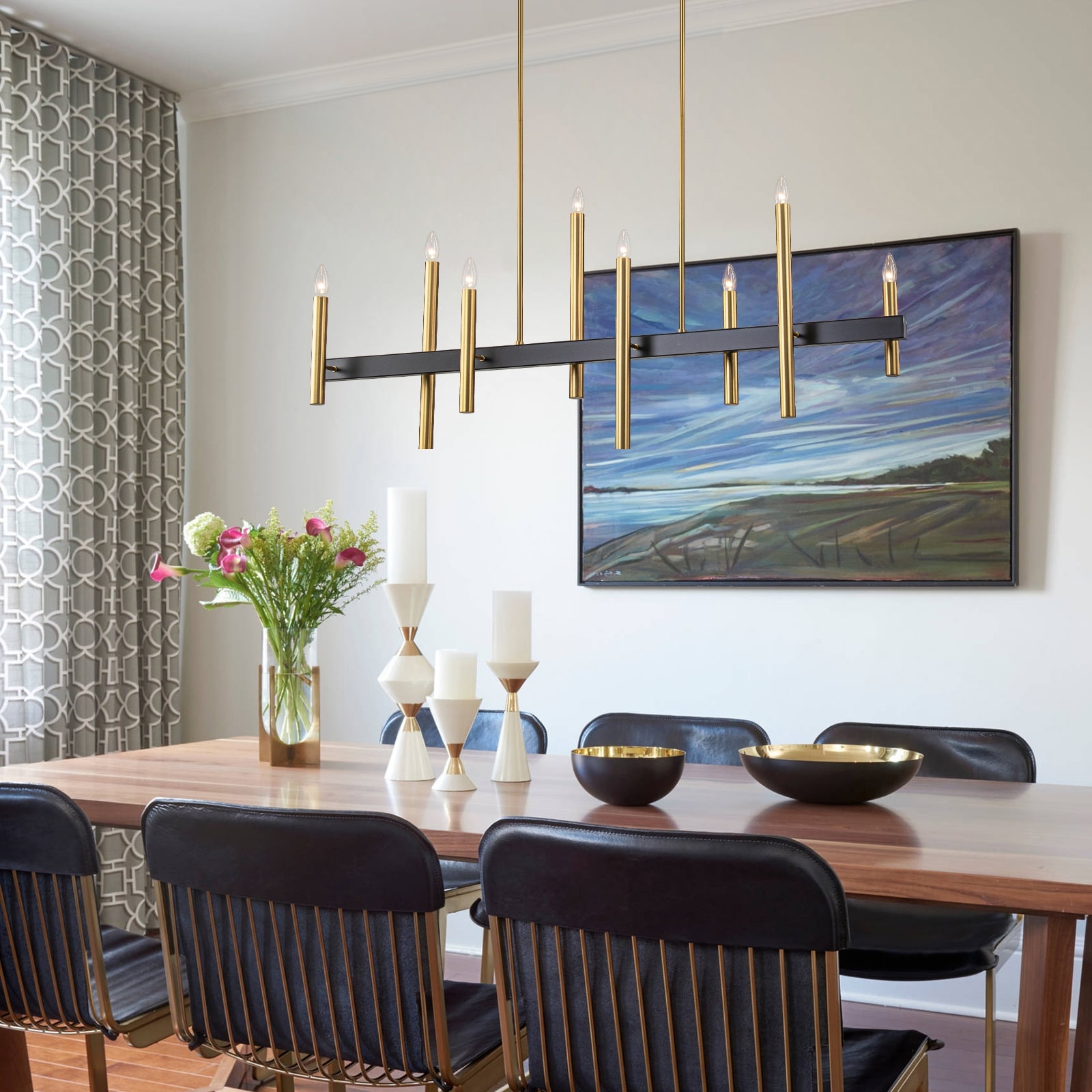 Modern 8-Light Linear Chandelier for Kitchen Island