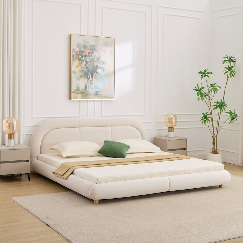 King Size Velvet Upholstered Platform Bed with Curved Headboard