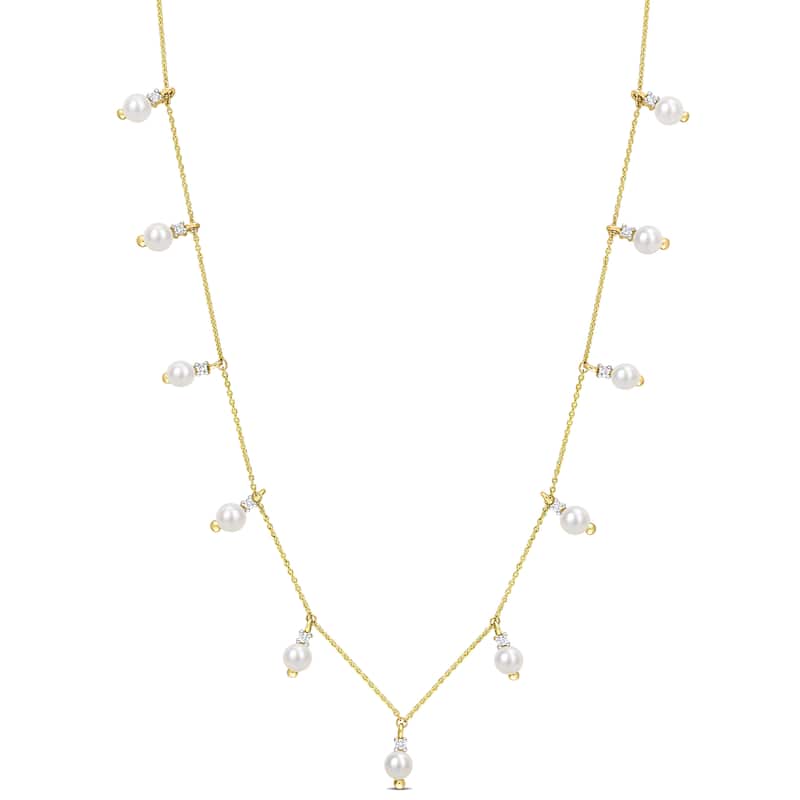 Miadora 3mm Cultured Freshwater Pearl 1/10ct TDW Diamond Station Necklace 10k Yellow Gold
