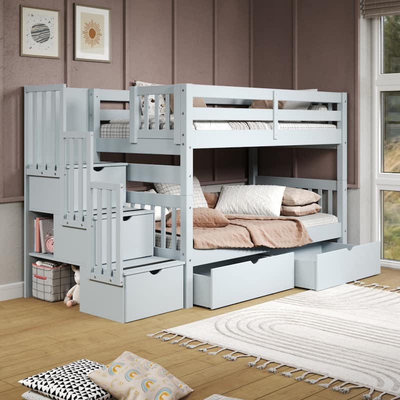 Taylor & Olive Trillium Twin over Twin Stairway Bunk Bed, 2 Drawers - Breezy Blue
