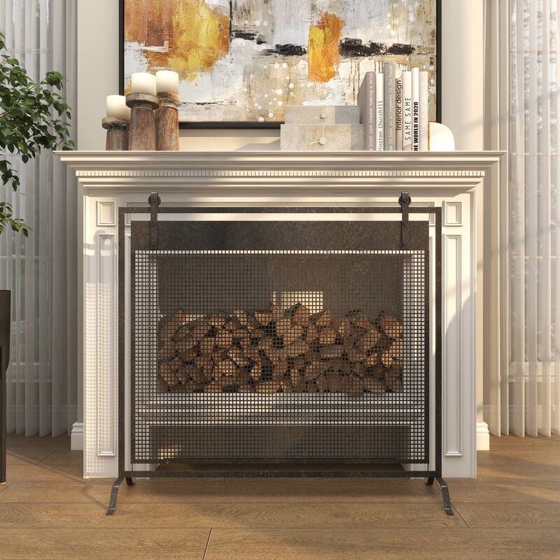 Black Metal Suspended Grid Single Panel Geometric Fireplace Screen with Bolted Detailing