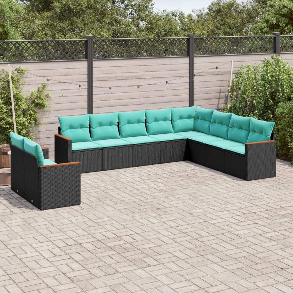 vidaXL 10 Piece Patio Sofa Set with Cushions Black Poly Rattan