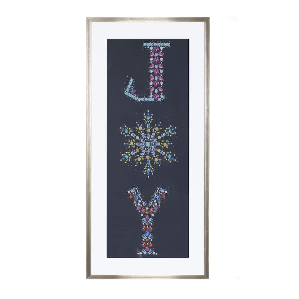 Blue White Holiday "Joy" Wall Hanging with Jewel and Glitter Design in Glass-Covered Champagne Frame - 13”L x 1”W x 23.75”H