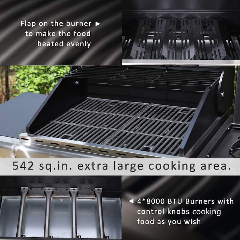 4-Burner Propane Gas Grill with Side Burner & Porcelain Cast Iron Grates, 42,000 BTU Stainless Steel