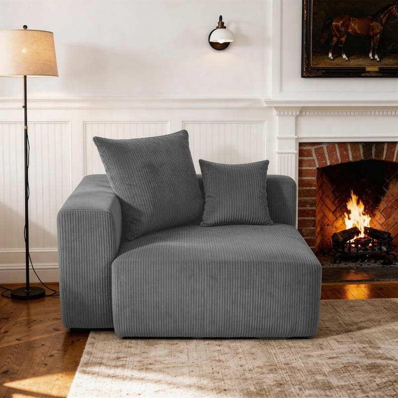 Corduroy Upholstered Modular Sectional Sofa with Ottoman - Gray-armchair left - Left Facing