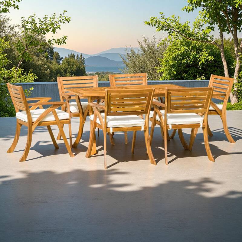 7-Piece Outdoor Acacia Wood Dining Set with Rectangular Table and 6 Cushioned Chair - Teak