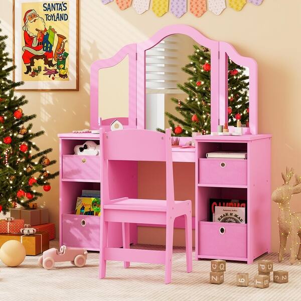 princess dress up vanity gaomon Kids Vanity Set, 2-in-1 Princess Makeup Table with Tri-Folding Mirror & Drawer, Stool, Toddler Vanity, Pretend Play Vanity Set for Kids