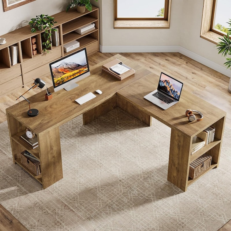 59" L Shaped Executive Desk with Storage Shelves for Home Office, Brown