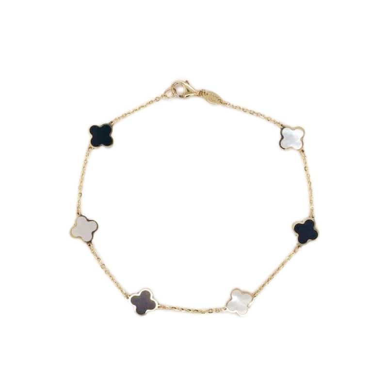 Italian Gold 14K Yellow Gold Clover Gemstone Bracelet - Made in Italy 7mm Clover Size 1.40 grams - Opal