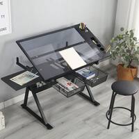 Adjustable Tempered Glass Drafting Table Drawing Table with Stool - On ...