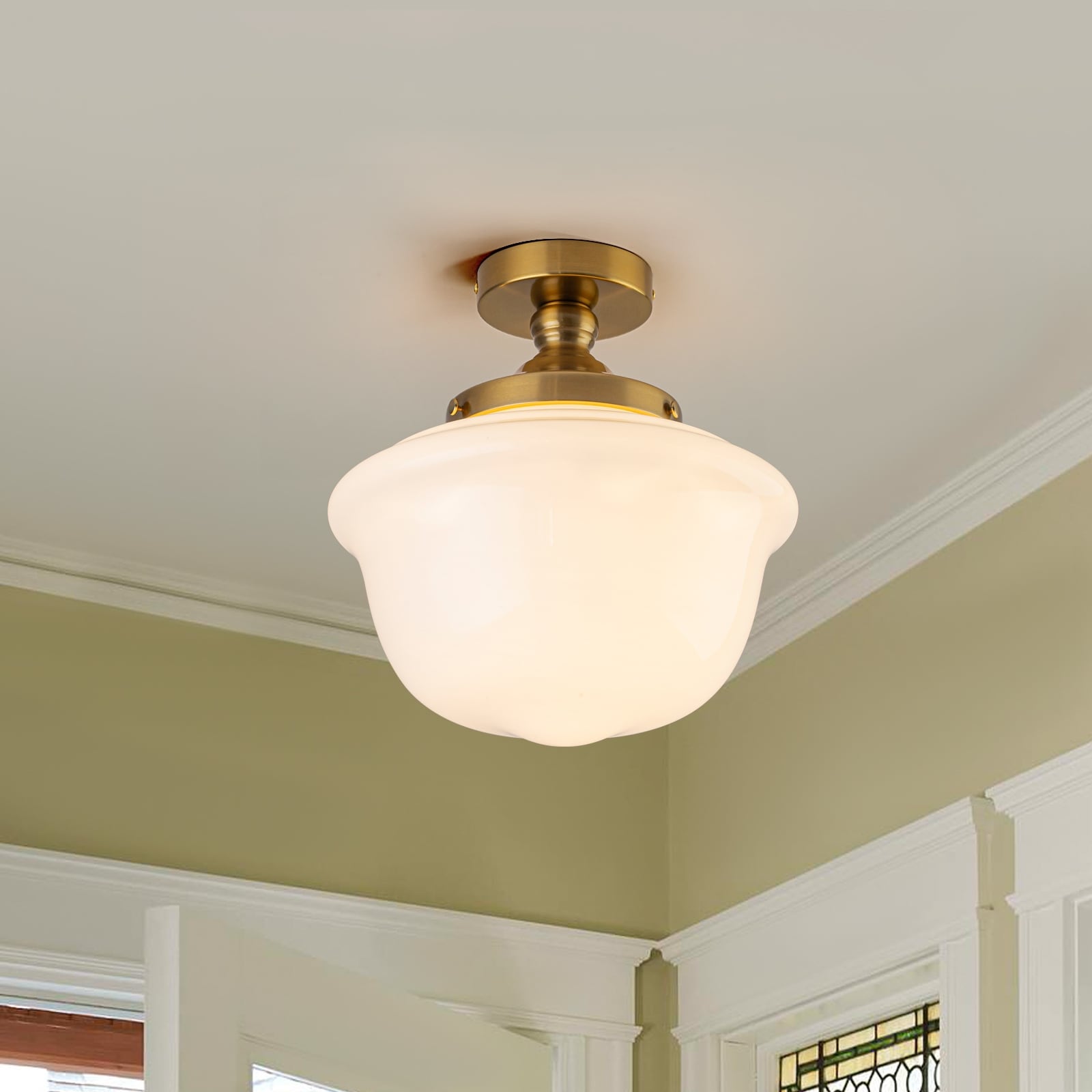 1-Light Gold Dome Flush Mount Ceiling Light with Opal Glass - Brass