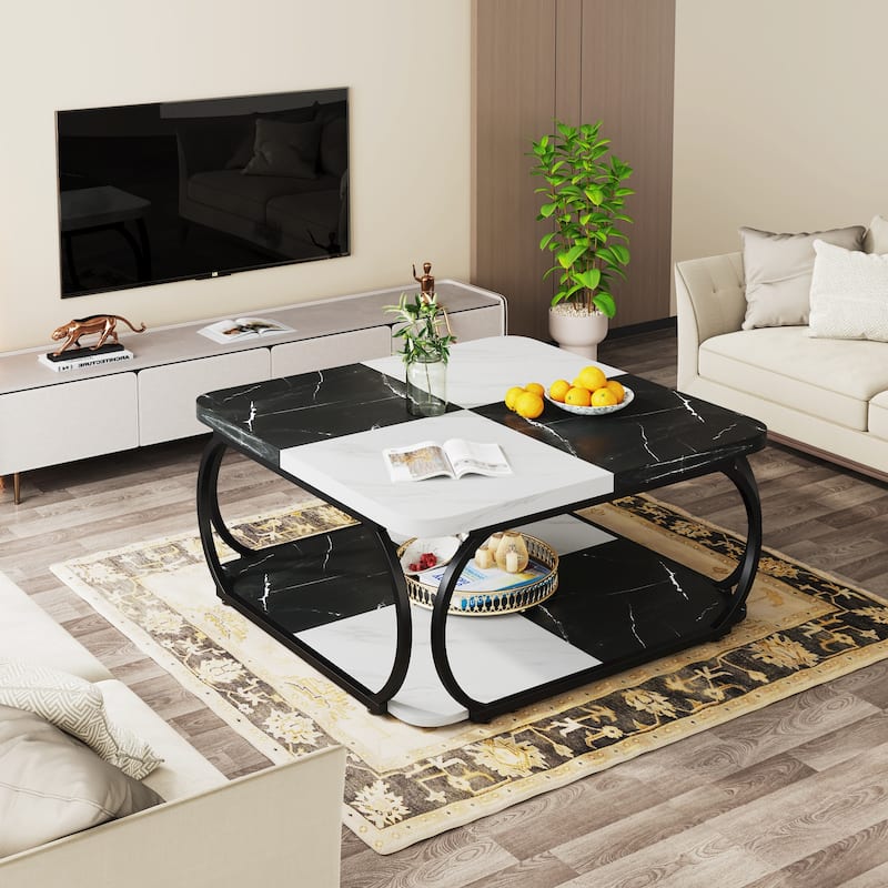 Square 2-Tier Coffee Table with Storage Shelf, 39 inches Low Farmhouse Wood Coffee Table for Modern Living Room