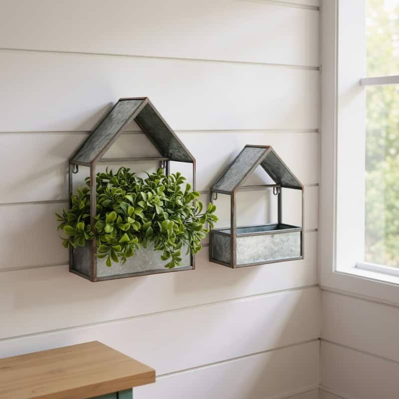 HomeRoots Set of Two Gray Galvanized Metal Novelty House Shaped Hanging Planters - 12.00 in. x 18.00 in. x 6.00 in. - Gray - 12.00 in. x 18.00 in.  x 6.00 in.