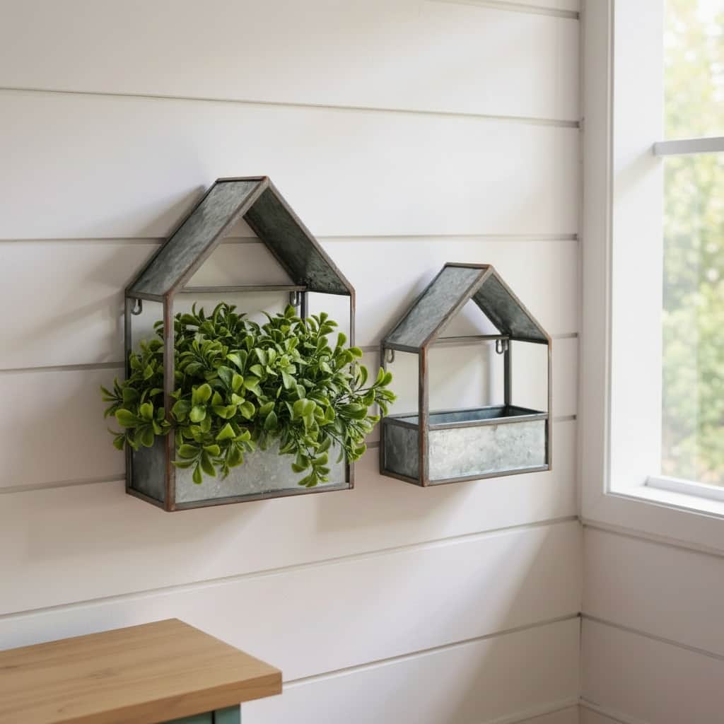 HomeRoots Set of Two Gray Galvanized Metal Novelty House Shaped Hanging Planters - 12.00 in. x 18.00 in. x 6.00 in.