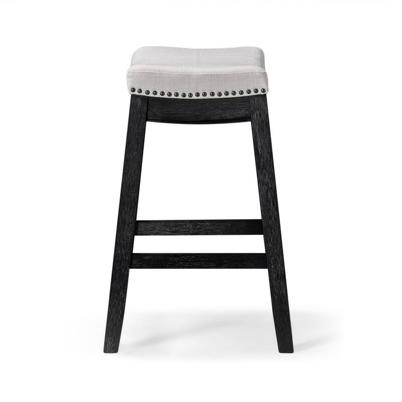 HomeRoots 26" White and Black Fabric and Solid Wood Backless Counter Height Bar Chair