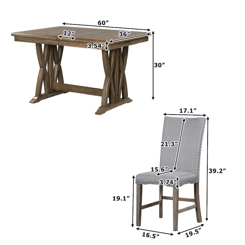 Roomfitters Mid-Century 7-Piece Extendable Wood Dining Table Set with Upholstered Chairs and 12" Leaf, Gray