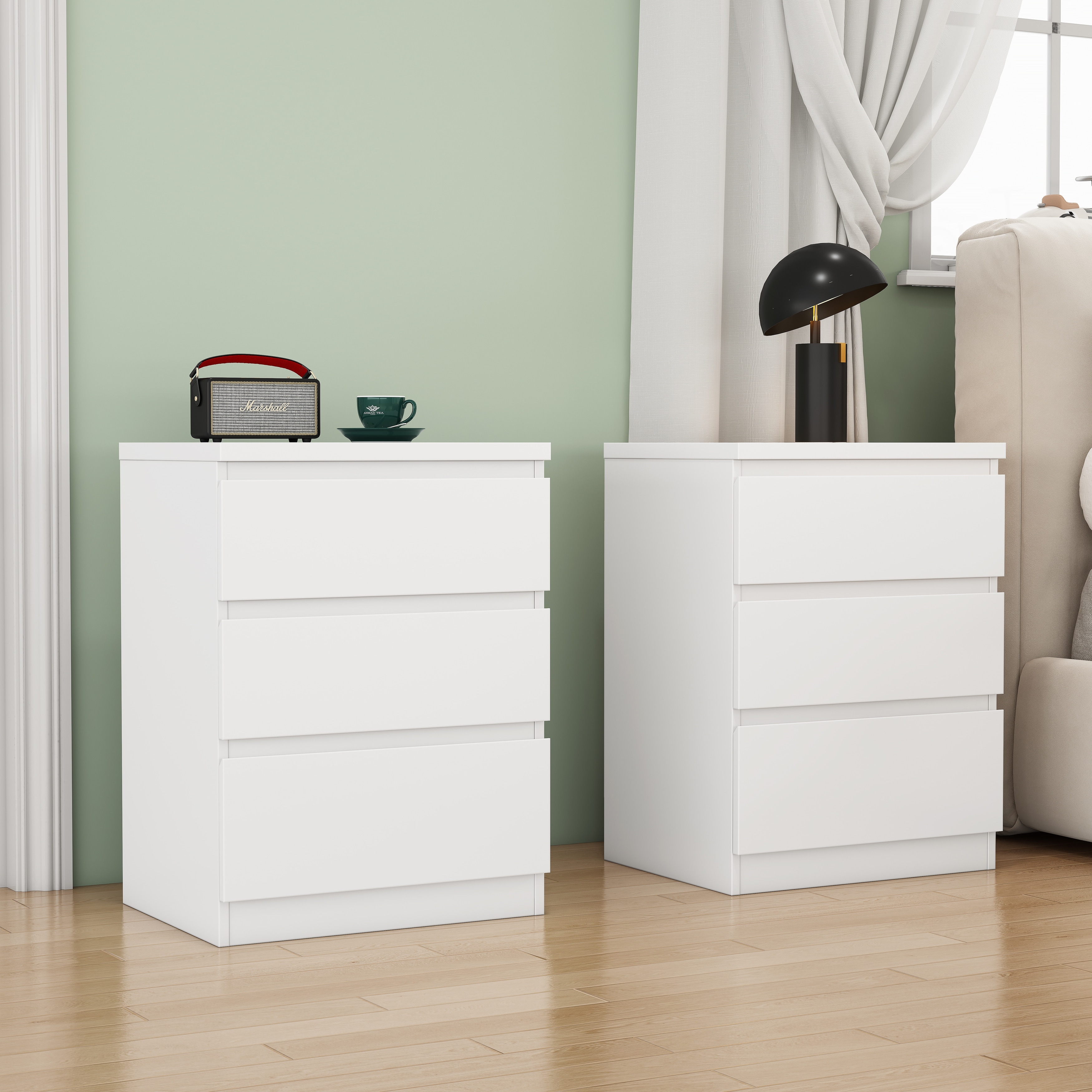 Set of 2, 19.7" White 3 Drawer Nightstand, Handle-Free Bedroom Lingerie Chest