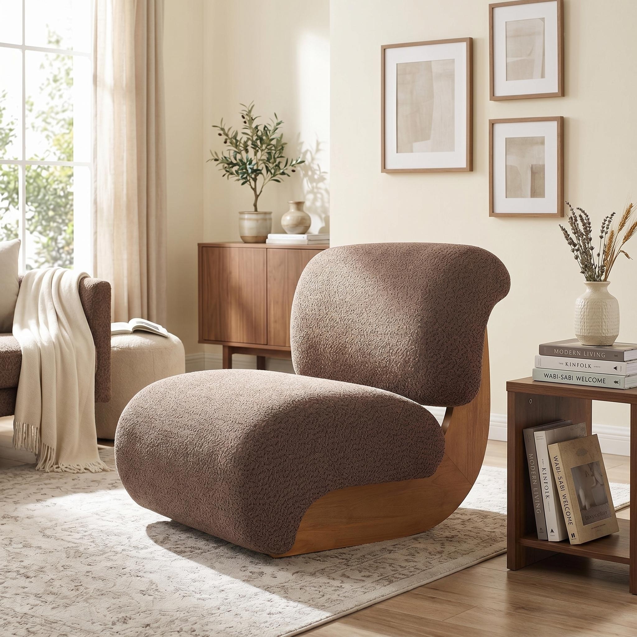 Christopher Knight Home - Elowen Modern Armless Accent Chair, Soft Boucle Upholstery, Sculptural Silhouette & Solid Wood Base