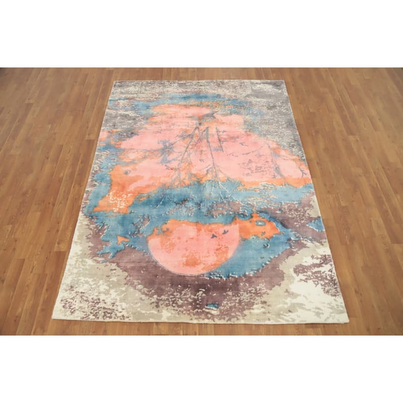 Hand Knotted Oriental Viscose Silk Carpet Modern Pictorial Pink Abstract Area Rug - 7' 3'' X 5' 5''