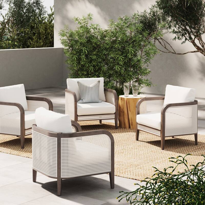 Twila Bohemian Outdoor Upholstered Rattan Patio Seating with Solid Wood Frame - 4 Chairs - Linen White/Graphite