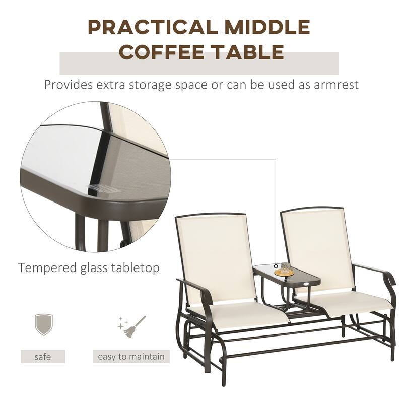 Outdoor Glider Bench with Center Table, Breathable Mesh Fabric