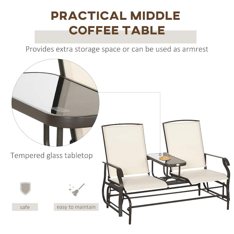 Outsunny 2-Person Outdoor Glider Bench w/ Center Table, Steel Frame for Backyard Garden Porch, Beige