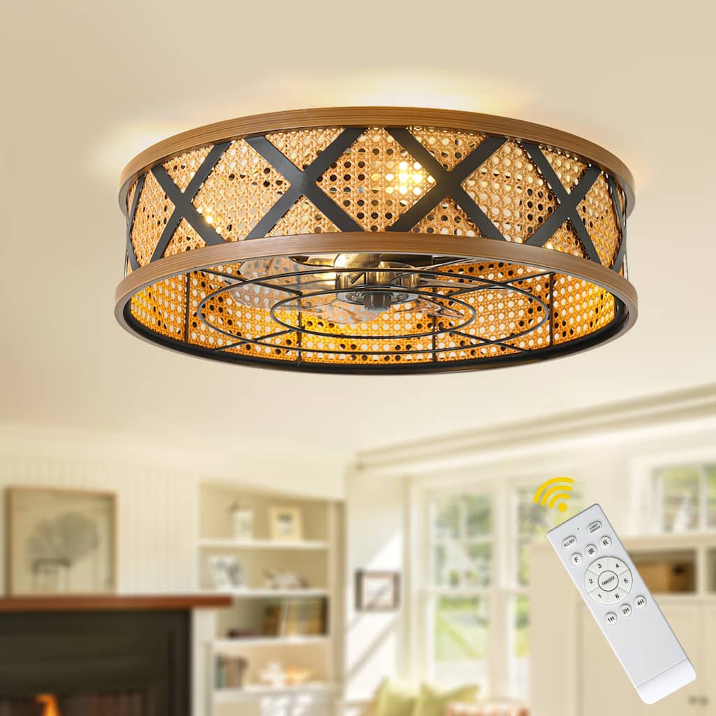 Bella Depot 23" Rustic Reattan Drum Ceiling Fan with Light and Remote 6-speed