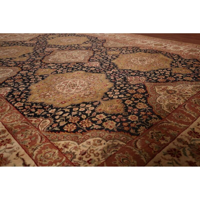 Black Floral Agra Oriental Area Rug Hand-Knotted Wool Carpet - 9'4" X 12'8"