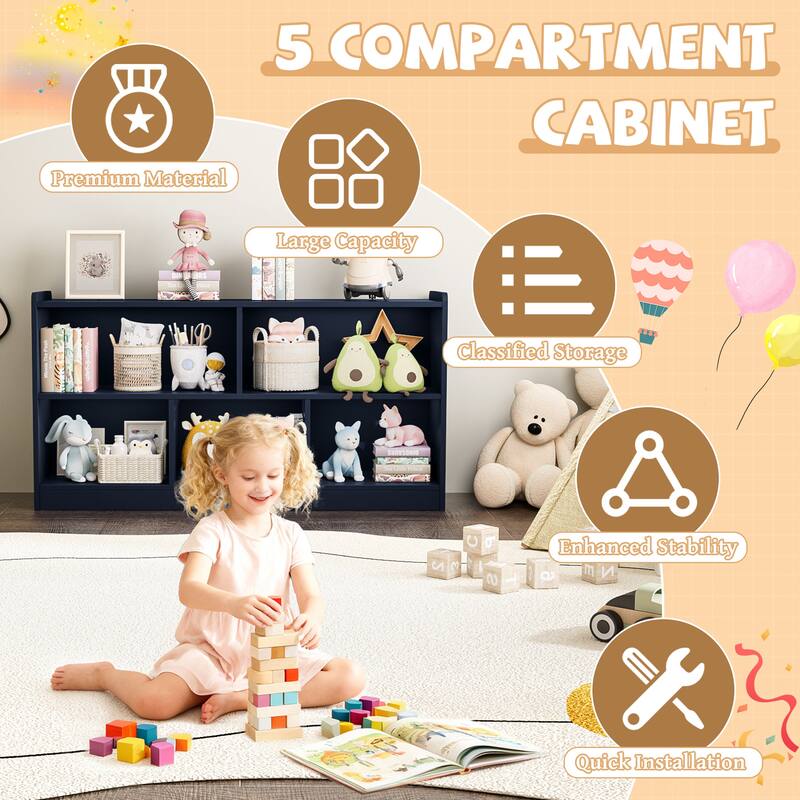 Wooden Storage Cabinet with 5 Sections, Montessori Kids Bookshelf and Toy Organizer for Nursery, Playroom & Classroom