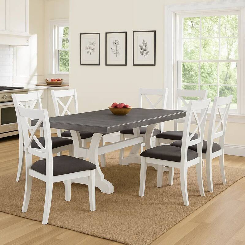 Eya Extendable Dining Table, 68-86 Inch Gray Top, Distressed White - Distressed White, Dark Gray