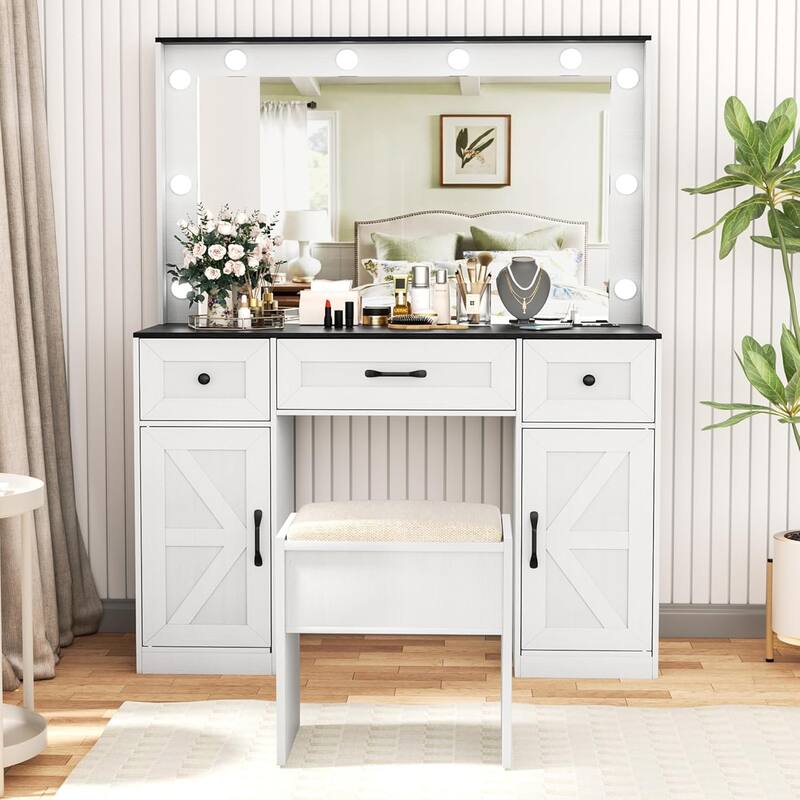 43.3'' Wide Makeup Vanity Dressing Table with Adjustable Lighted Mirror and Stool, Power Outlet