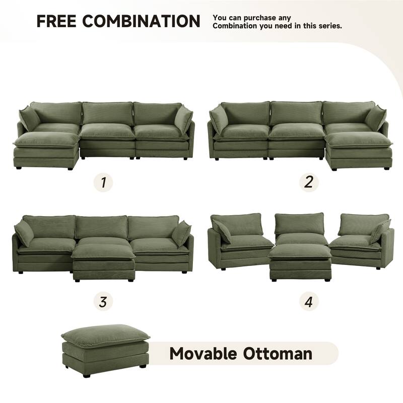 3-Seat Corduroy Modular Sofa with an Independent Removable Ottoman for Living Room or Business