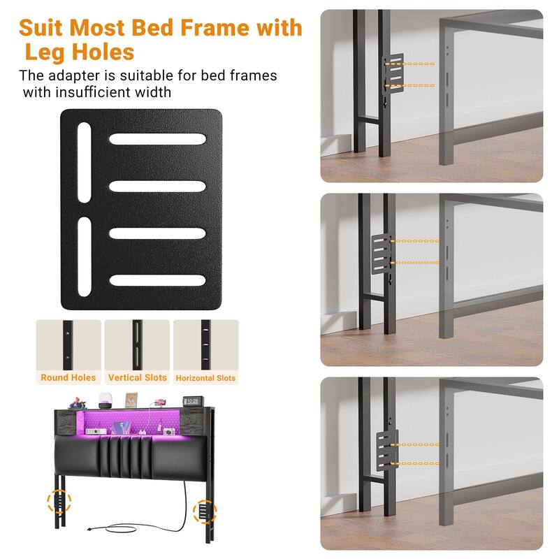 Upholstered Headboard with Storage Shelf and Small Cabinet, Headboard Power Outlet and LED Light