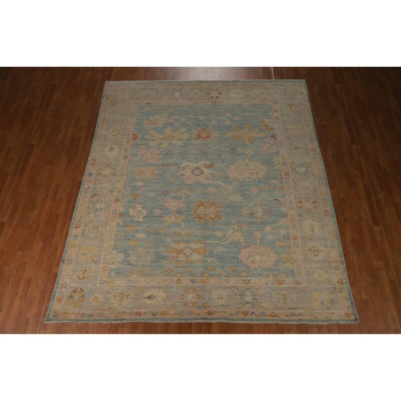 Vegetable Dye Blue Floral Oushak Turkish Area Rug Handmade Wool Carpet - 8'3"x 9'8"