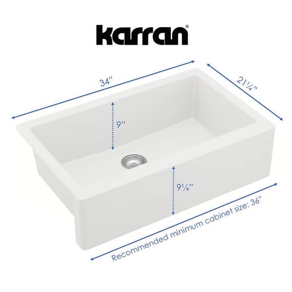 dimension image slide 1 of 2, Karran All-in-One Apron Front/Farmhouse Quartz 34-in Single Bowl Kitchen Sink in White with Faucet KKF210 in Matte Black