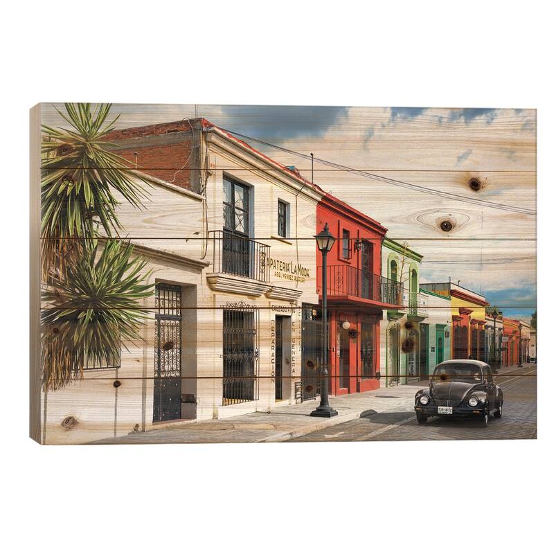 Colorful Facades And Black VW Beetle Car Print On Wood by Philippe Hugonnard - Multi-Color - 26x40x1.5