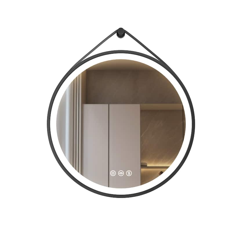 Round Black Framed Bathroom Mirrors Vanity Lighting with Microfiber Leather Hanging Strap