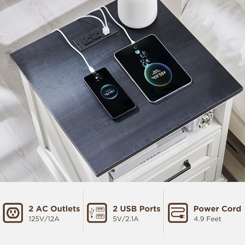 Farmhouse Nightstand with Charging Station, End Table with 2 Drawers