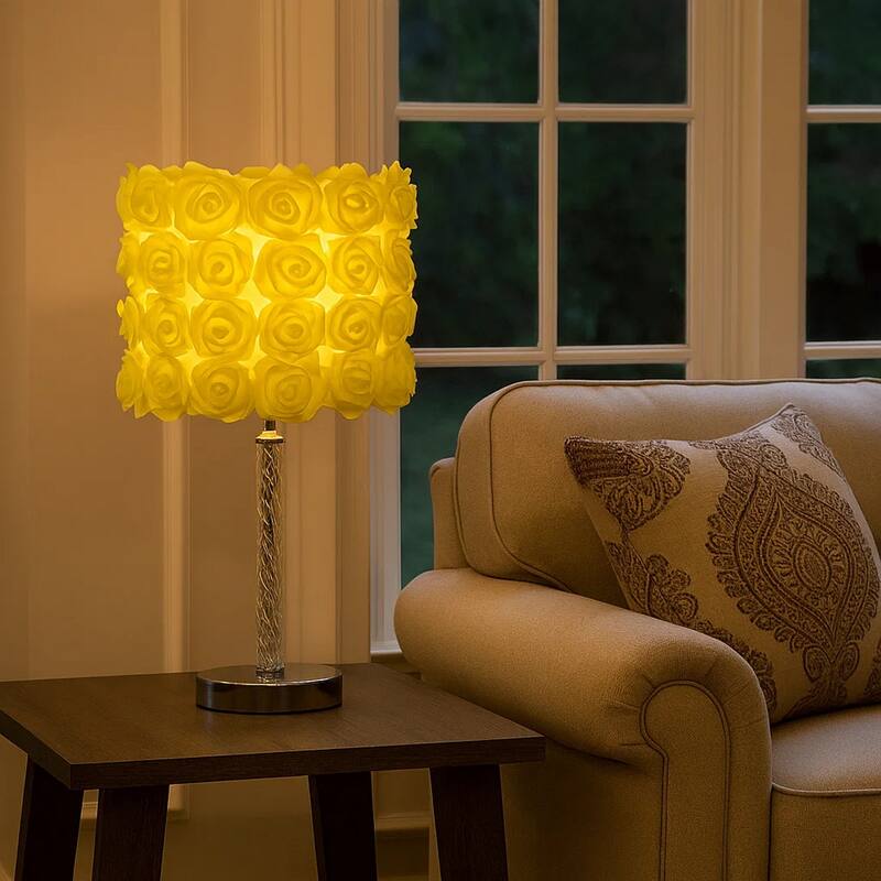 Bloom Roses Drum Shade Table Lamp with Twisted Acrylic Base, Yellow