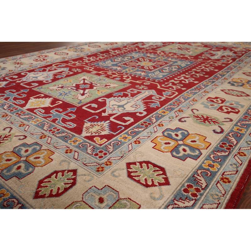Geometric Red Kazak Area Rug Handmade Oriental Wool Carpet - 6'8" x 9'9"