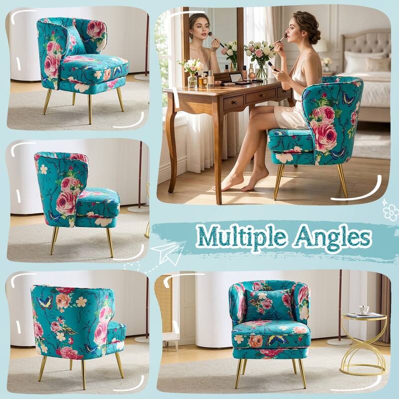 Mid Century Modern Upholstered Reading Chair with Lumbar Pillow, Gold Metal Legs, Small Space Friendly for Living Room Bedroom