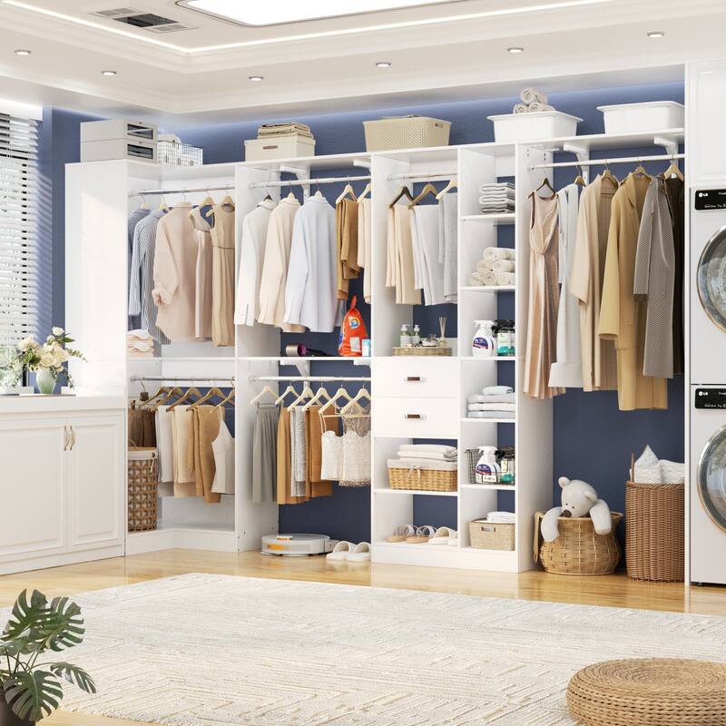 Navada 63'' - 127.5'' Closet System with Hanging Rods, Set of 2 Corner Closet Organizer with Drawers and Shelves