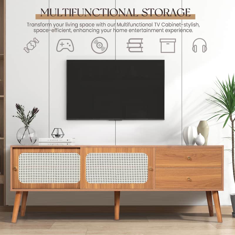 62.9"W Mid-Century TV Stand with Sliding Doors & Drawers, Entertainment Center TV Console Table with Rattan Doors, For 70"TV