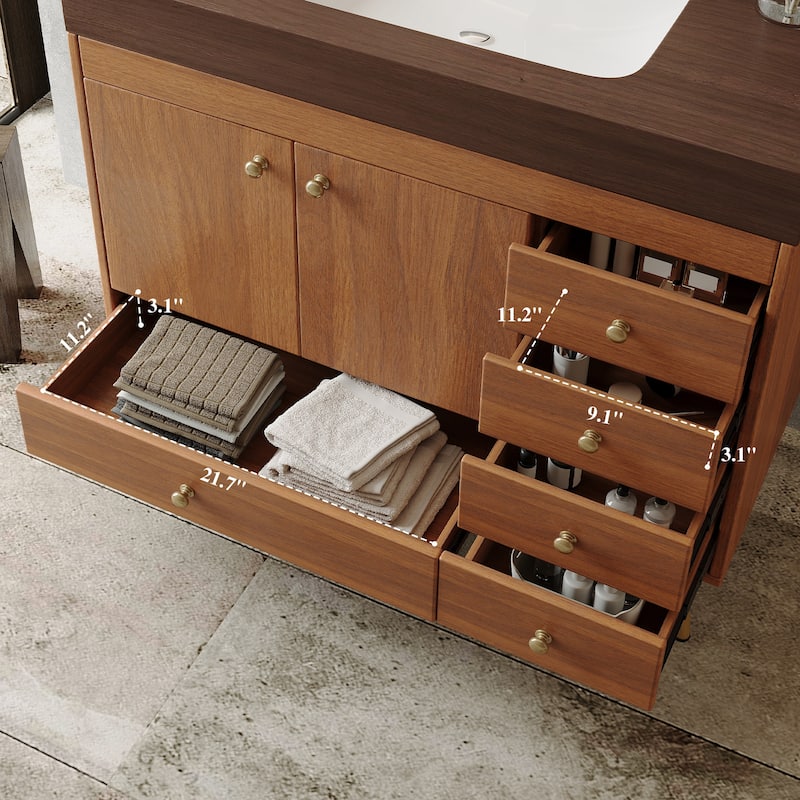 36" Bathroom Vanity with Faux Marble Top & Ceramic Sink, 5-Drawer Storage Cabinet with Stainless Steel Legs
